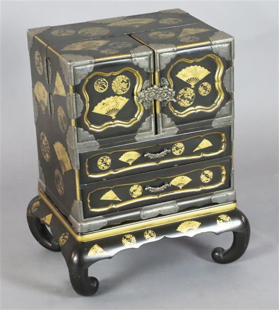 A good Japanese silver mounted gold lacquered table cabinet, Meiji period, H. 53cm, W. 43cm, minor faults